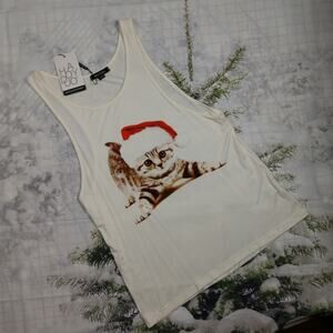 NWT Christmas Kitten White Tank Top Santa Hat Christmas Holiday size Medium